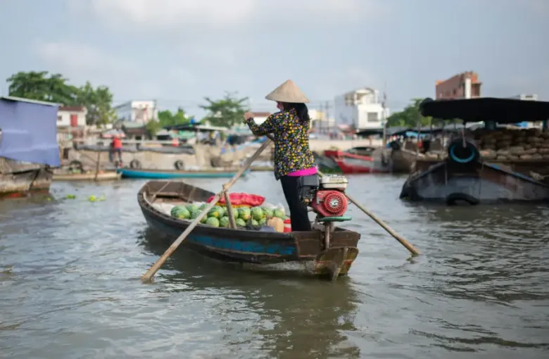 Woman in conical hat rowing a wooden boat loaded with watermelons on a river cruise through a Vietnamese floating market.