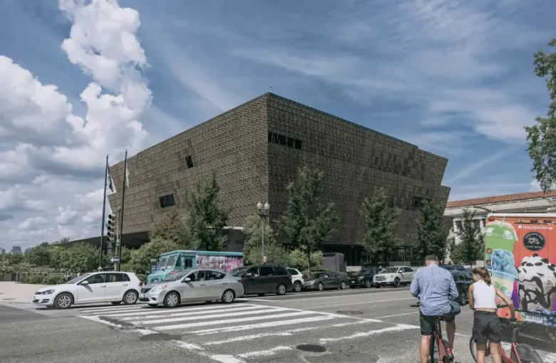 The National Museum of African American History and Culture's bronze latticed building on the Washington DC National Mall;...