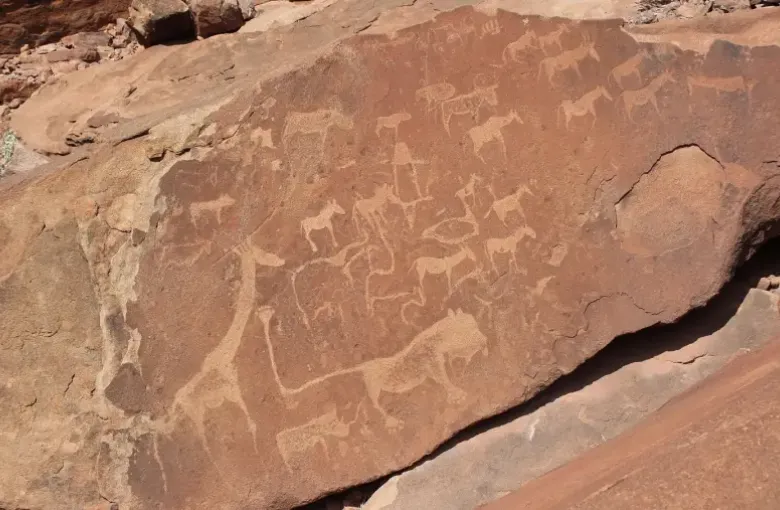 Ancient animal figures engraved into a weathered sandstone slab at Twyfelfontein.
