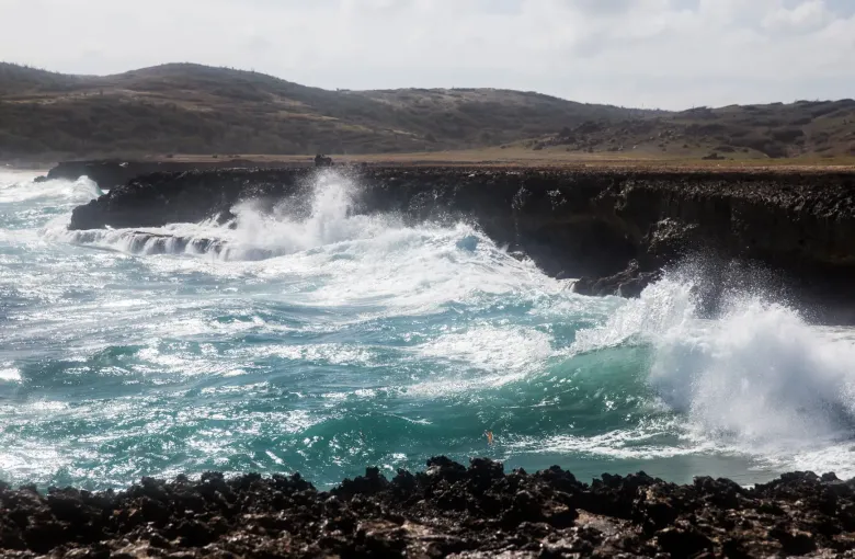 Heavy surf breaking against the black limestone of Aruba's windward north coast below dry hills.