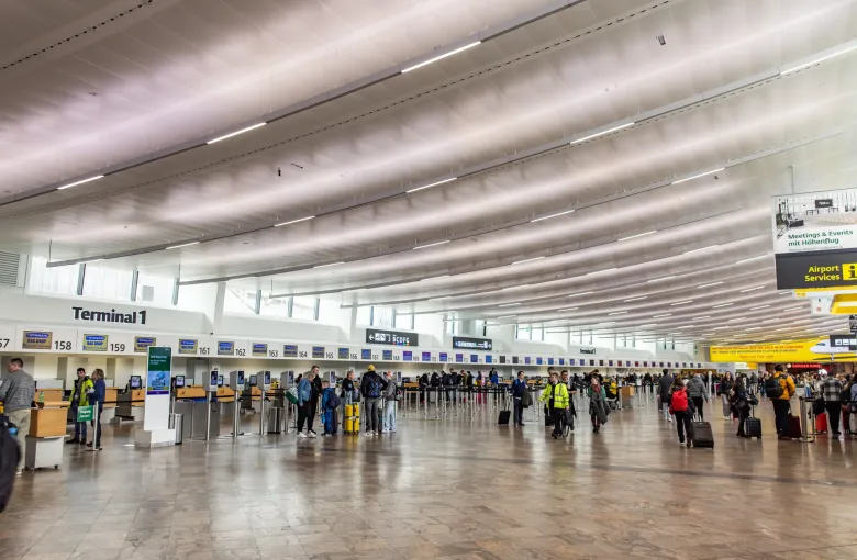 The long check-in hall of Terminal 1 at Vienna Airport, with desks down one side and travelers queueing with luggage.