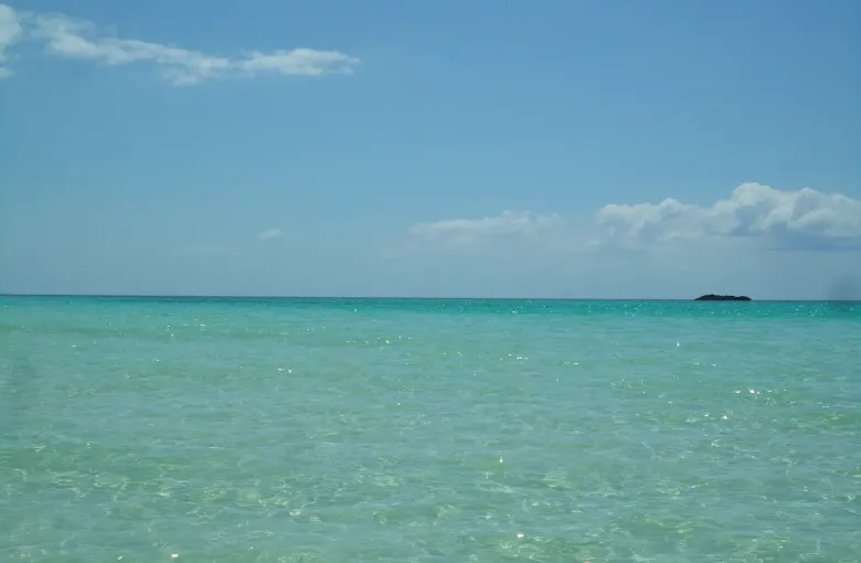 Clear green shallows and a low reef island on the horizon, seen from Gold Rock Beach on Grand Bahama.