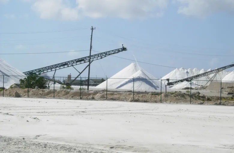 White mountains of harvested salt and conveyor gantries at the salt works on Great Inagua.
