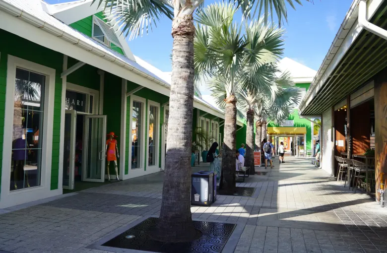 A wide level paved promenade lined with palms and low shopfronts at Nassau Cruise Port.