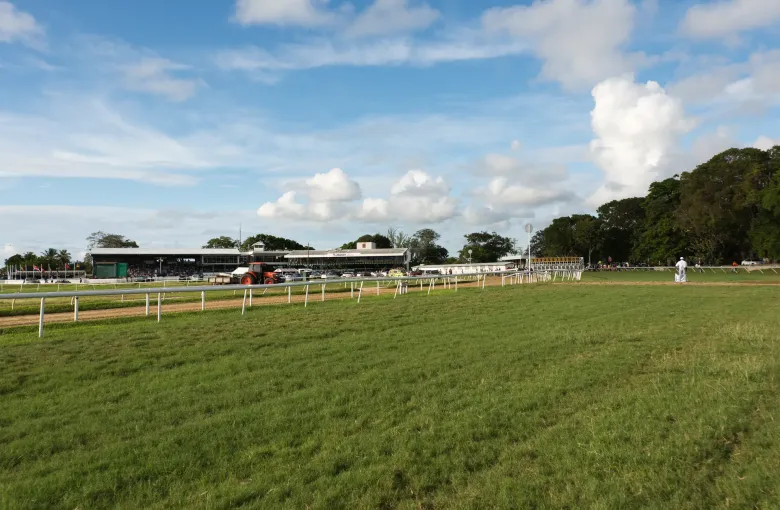 The stands and grass track of the Garrison Savannah in Barbados on a race day.