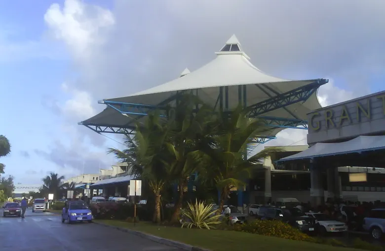 The white tented canopy over the terminal entrance at Grantley Adams International Airport in Barbados.