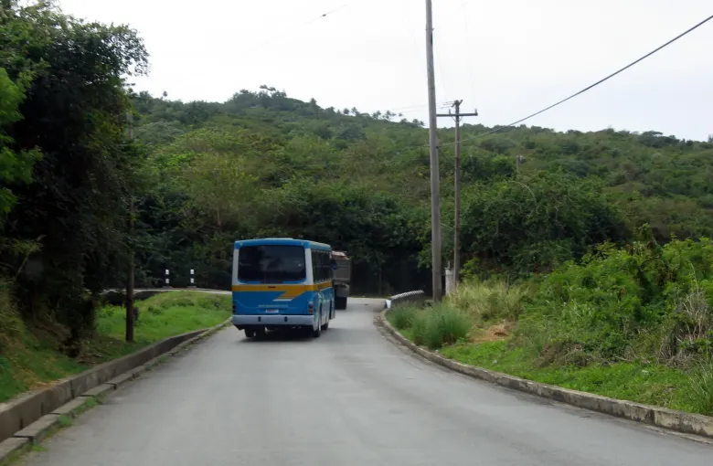 A public bus on a narrow road winding between wooded hillsides in Saint Joseph, Barbados.