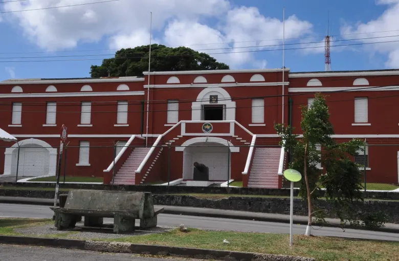 Soldiers Hall, a red brick barracks of 1790, standing in the Garrison historic district of Barbados.