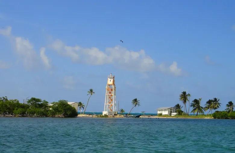 A white open-framework lighthouse among palms on a low caye at Turneffe Atoll, across calm water.