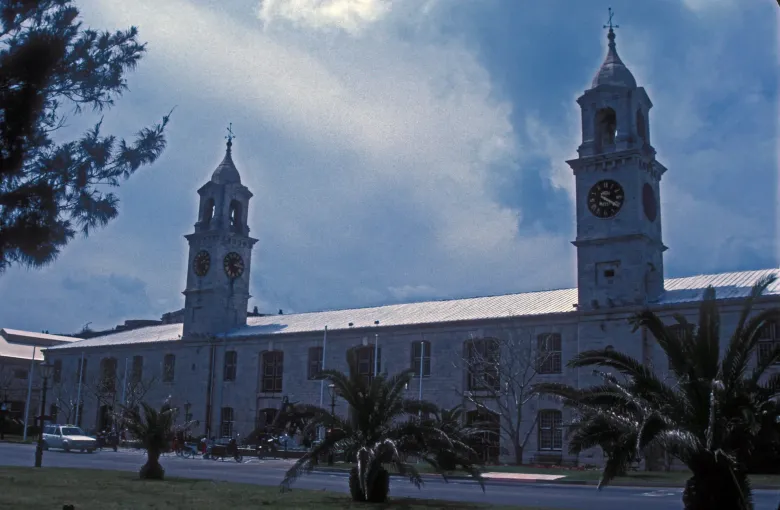 The twin-towered limestone Clocktower Building at the Royal Naval Dockyard in Sandys Parish.