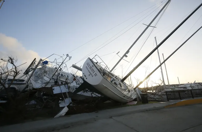 Yachts thrown on their sides and broken at Nanny Cay on Tortola after Hurricane Irma passed over.