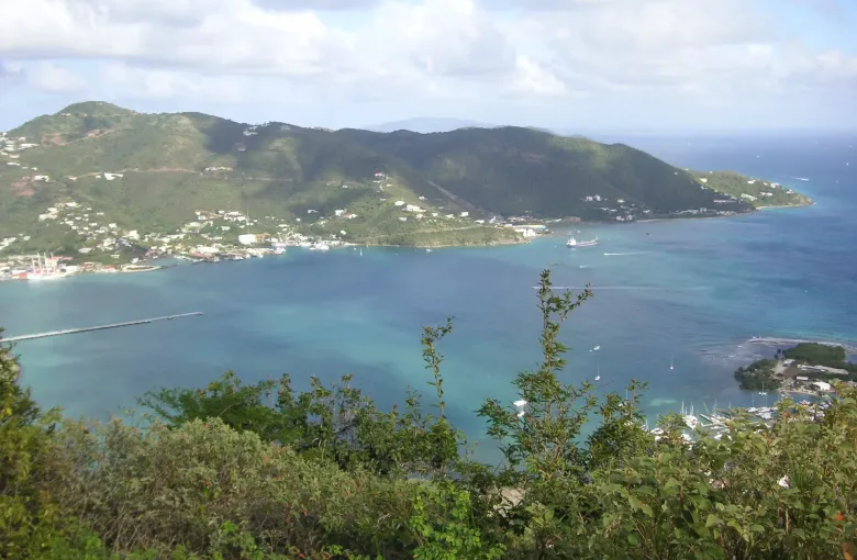 The forested heights of Tortola looking down over bays, a marina and settlements along the shoreline.