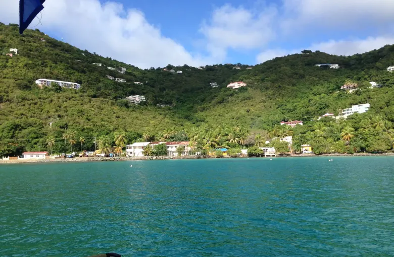 The steep green hillside of Tortola seen from the water, houses scattered up the slope above a bay.
