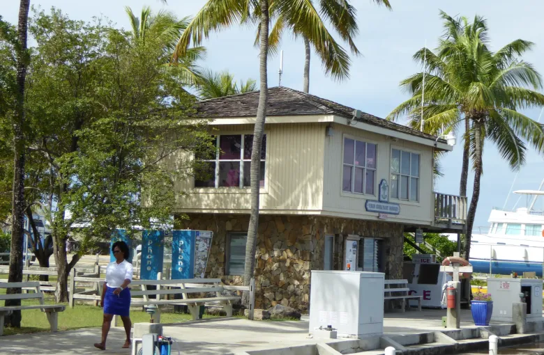 A small yellow marina building on Virgin Gorda under palms, with a boat tied up at the dock beside it.
