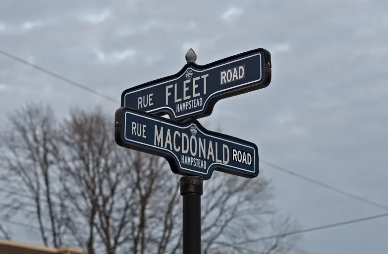 Two blue street blades reading RUE FLEET ROAD and RUE MACDONALD ROAD, carrying the street name once for each language.