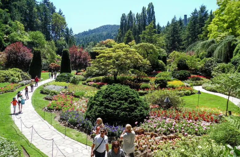 Visitors walk paved paths between clipped lawns and dense flower beds in a sheltered garden ringed by conifers.