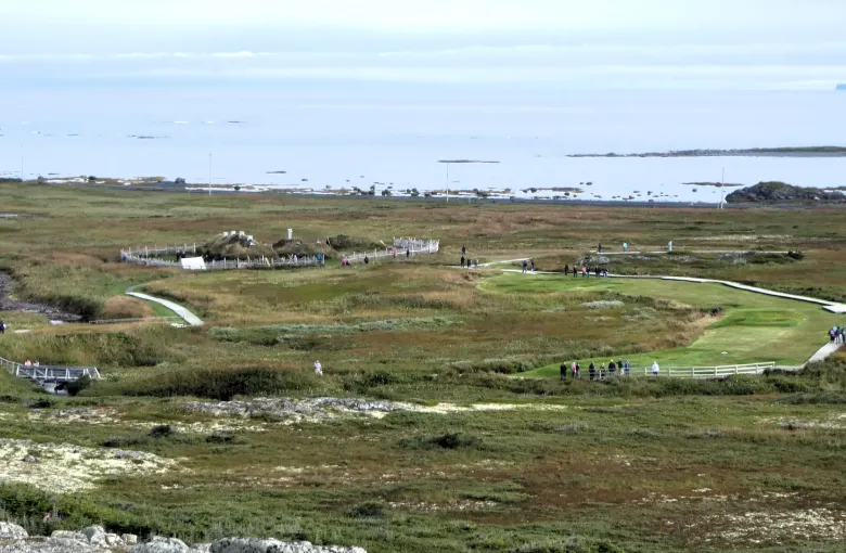Turf walled reconstructions on low coastal meadow, linked by boardwalk paths with visitors on them, and the sea beyond.