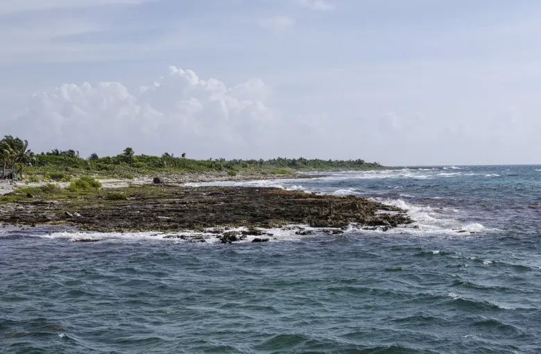 Waves breaking white over a low rocky shoreline, seen from the water under a pale and clouded sky.