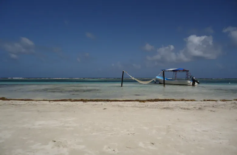 A wide, almost flat beach running into shallow green water, with one small covered boat and a heavy gray sky above.