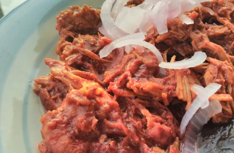 A plate of shredded pork in a deep red marinade, topped with rings of raw white onion.