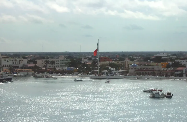 An aerial view of the Cozumel waterfront: pale low buildings, a sea wall, and small boats in flat green water.