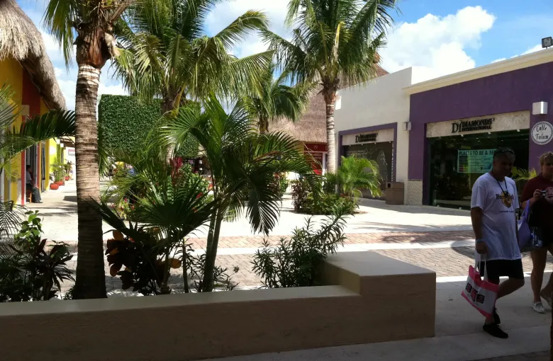 A paved shopping street shaded by palms, with duty-free storefronts along one side and two people walking past.