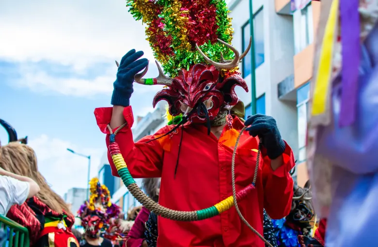 A dancer in a red shirt and a horned devil mask holding a plaited whip aloft during the Diablada Pillarena street parade.