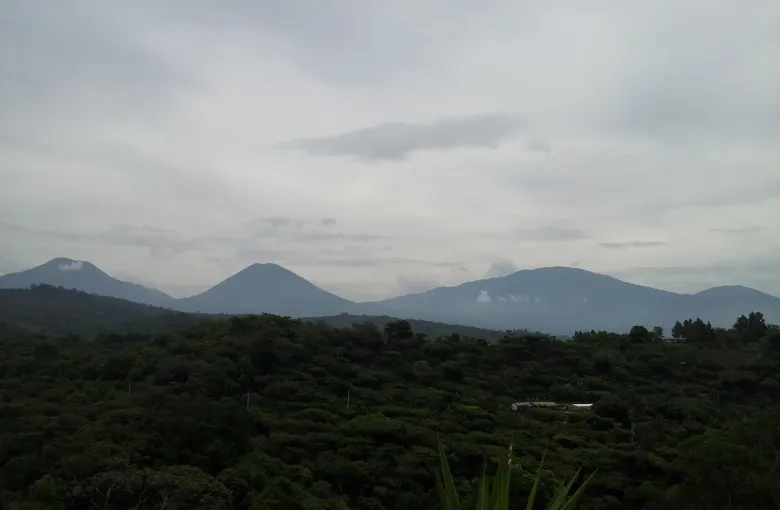 A line of volcanic peaks along the horizon under a heavy grey overcast, with dark green forest in the foreground.