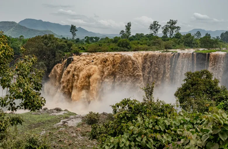 The Blue Nile Falls in Ethiopia in heavy brown flood, dropping in a broad sheet over a rock ledge fringed with green vegetation.