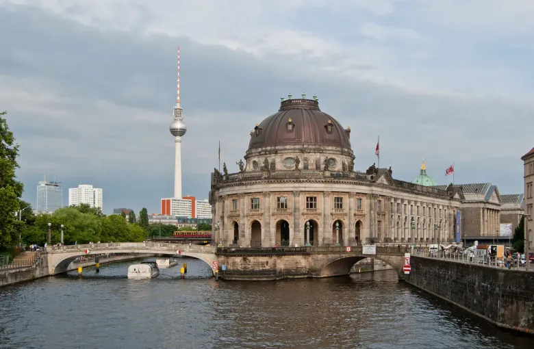 The domed prow of the Bode-Museum at the northern tip of Berlin's Museum Island, the Spree in front and the television tower behind.