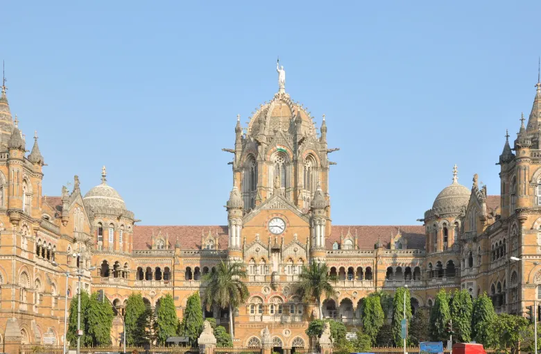 The Gothic Revival facade of Chhatrapati Shivaji Maharaj Terminus railway station in Mumbai.
