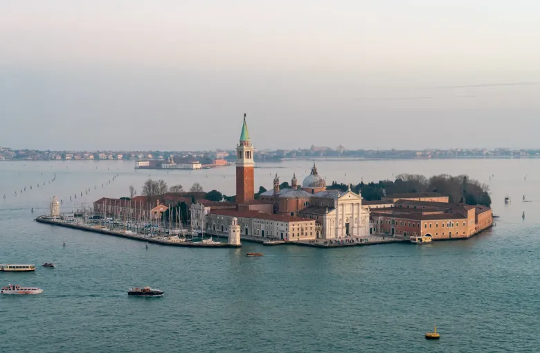 The church and campanile of San Giorgio Maggiore on its island across the Venetian lagoon.