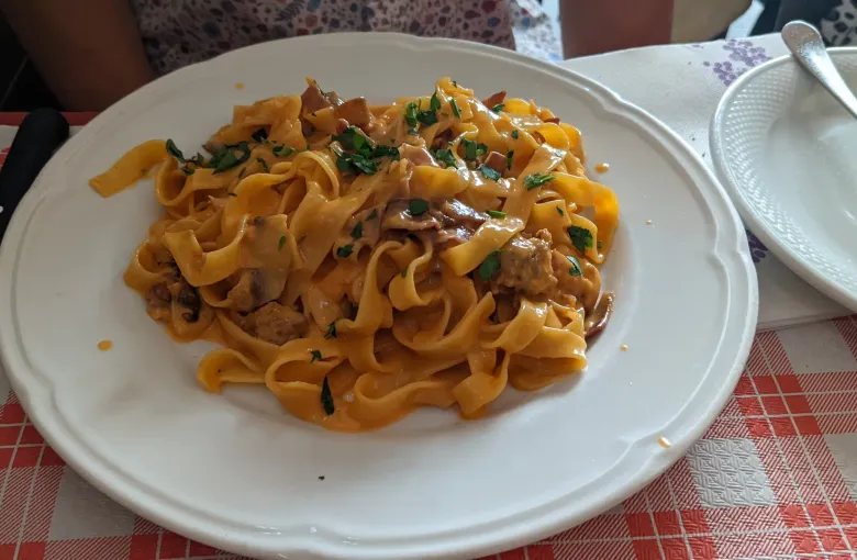 A plate of tagliatelle with pork ragu on a red checked tablecloth in a Rome trattoria.