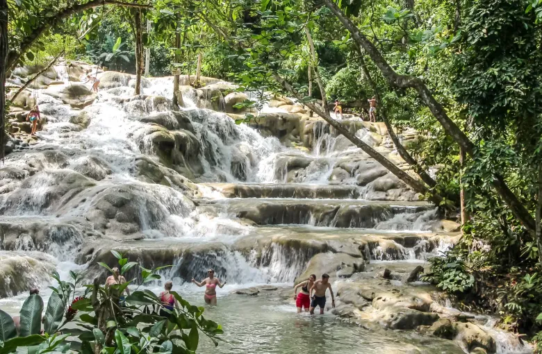 Water steps down the limestone terraces of Dunn's River Falls between dense green forest.