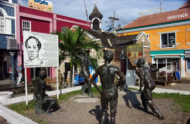 The Sam Sharpe monument and the brick Cage stand in Sam Sharpe Square in Montego Bay.