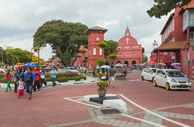 The red Christ Church and Stadthuys buildings on Dutch Square in Melaka, Malaysia.