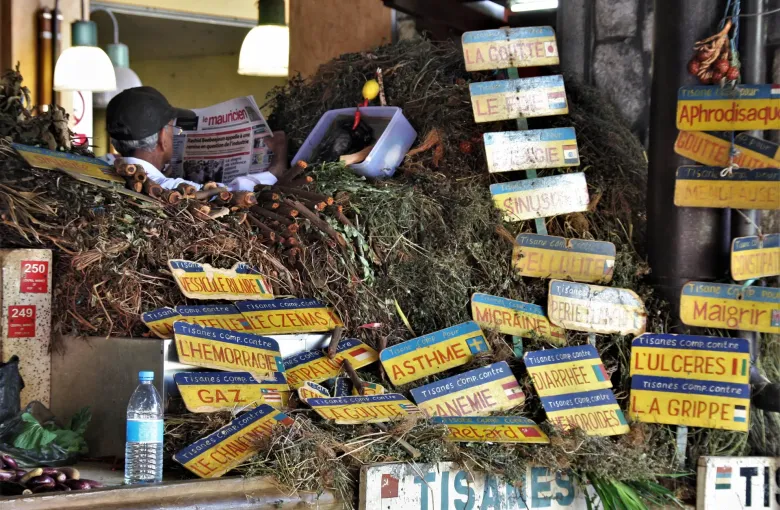 Bundles of dried herbs and hand-lettered yellow labels on a tisane stall in the Central Market, Port Louis.