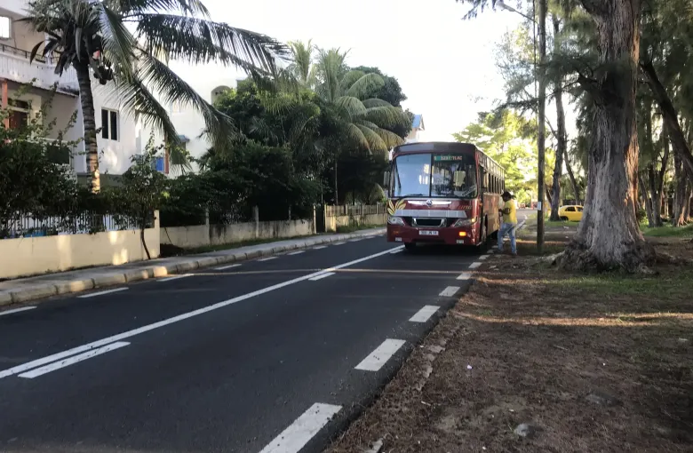 A public service bus on a palm-lined road at Flic en Flac, Mauritius.