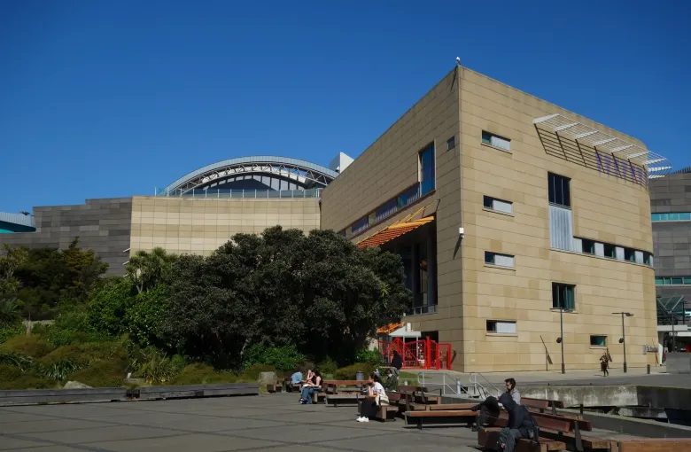 The Museum of New Zealand Te Papa Tongarewa seen from the public plaza on the Wellington waterfront.