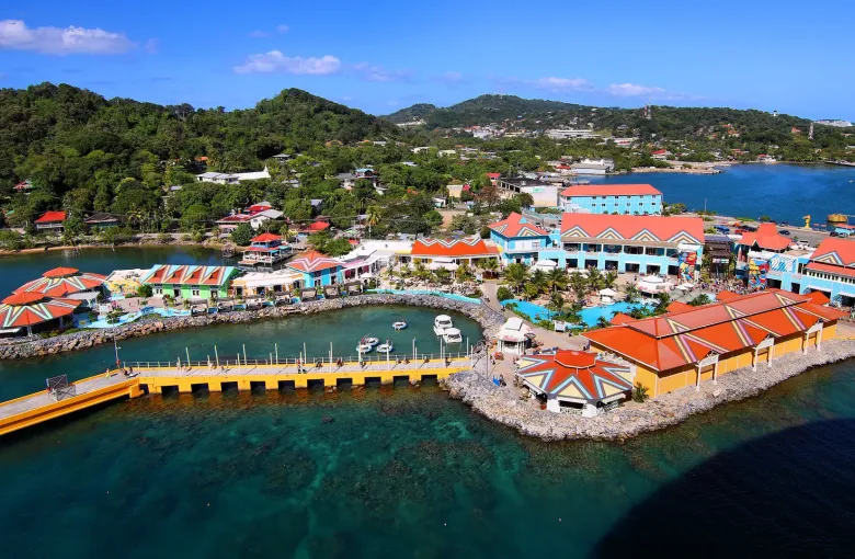 The cruise terminal and its level quayside at Coxen Hole, seen from the air.