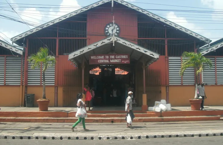 The entrance to the Castries Central Market seen from Jeremie Street in Saint Lucia.