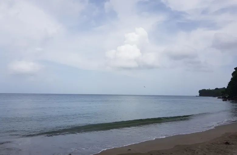 The quiet bay at Choiseul on the southern coast of Saint Lucia, with a wooded headland beyond.