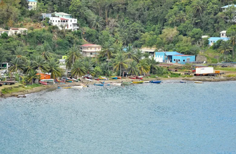 Fishing boats drawn up on the shore of a bay below a hillside village in Saint Lucia.