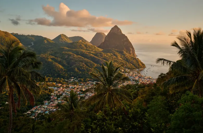 The sun setting over Soufriere and the Pitons, seen through palms in Saint Lucia.