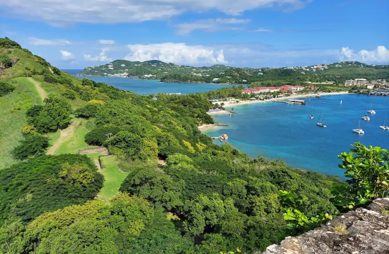 Rodney Bay and the coast seen from Fort Rodney on Pigeon Island in Saint Lucia.