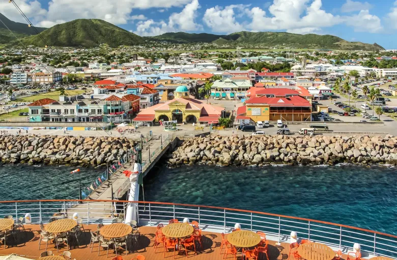 The cruise pier and terminal at Port Zante, Basseterre, seen from a moored ship, with the town beyond.