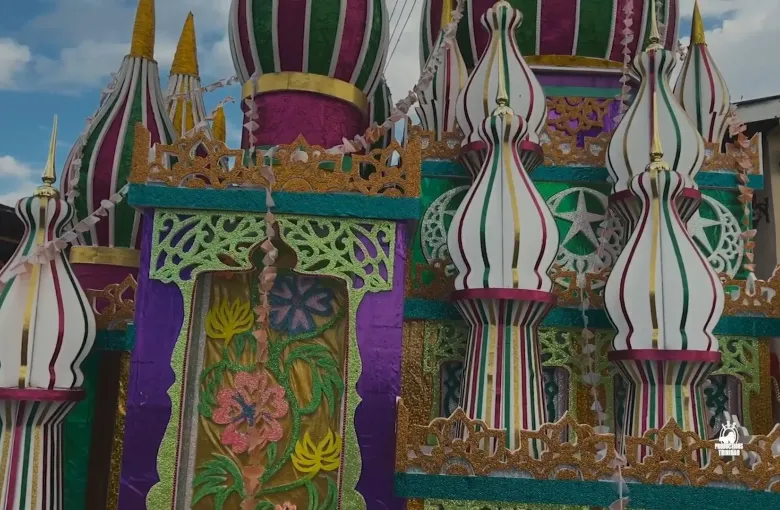 Brightly painted tadjahs with minaret tops, built for the Hosay observance at Cedros in southwest Trinidad.