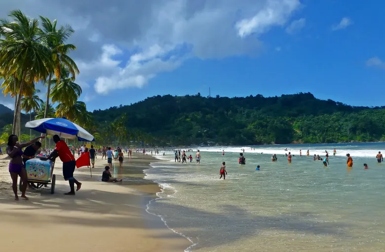 Bathers in the shallows at Maracas Bay in Trinidad, with palms, a vendor's umbrella and a forested headland behind.