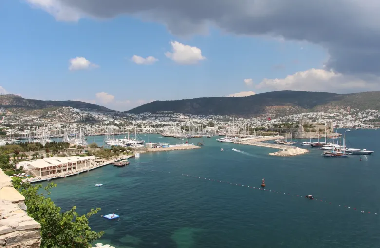 The bay and marina at Bodrum on Turkey's Aegean coast, white houses climbing the hillside above turquoise water.
