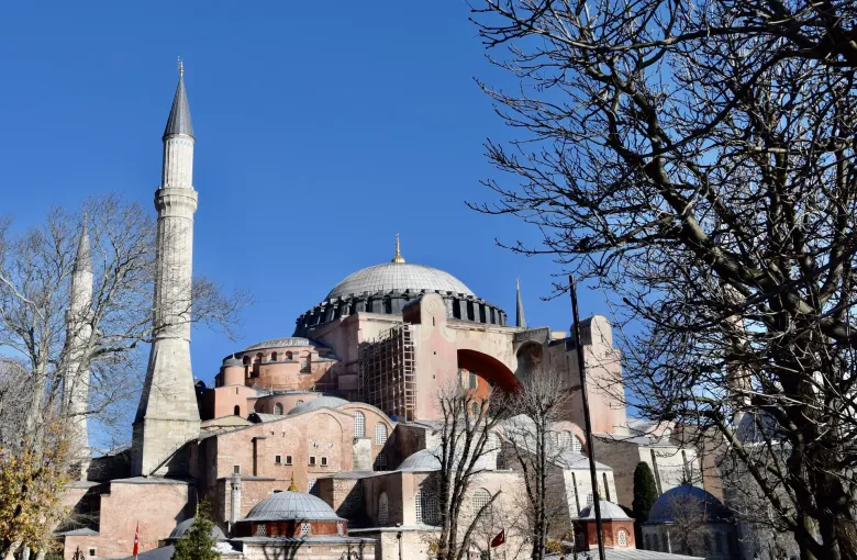 Hagia Sophia in Istanbul, Turkey, its broad shallow dome and ochre buttressed walls above a stone minaret, seen through bare winter trees.